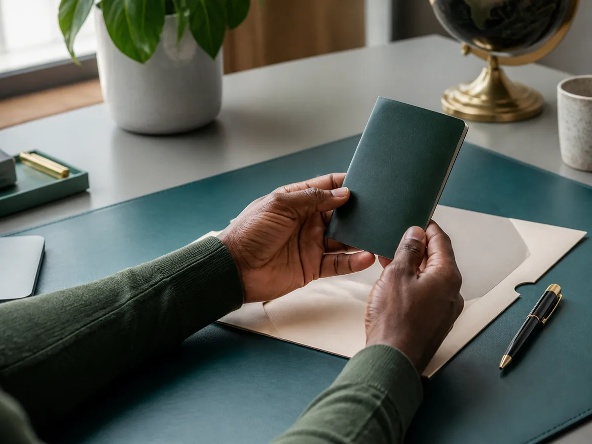 Client reviewing a blank travel booklet during a renewal consultation