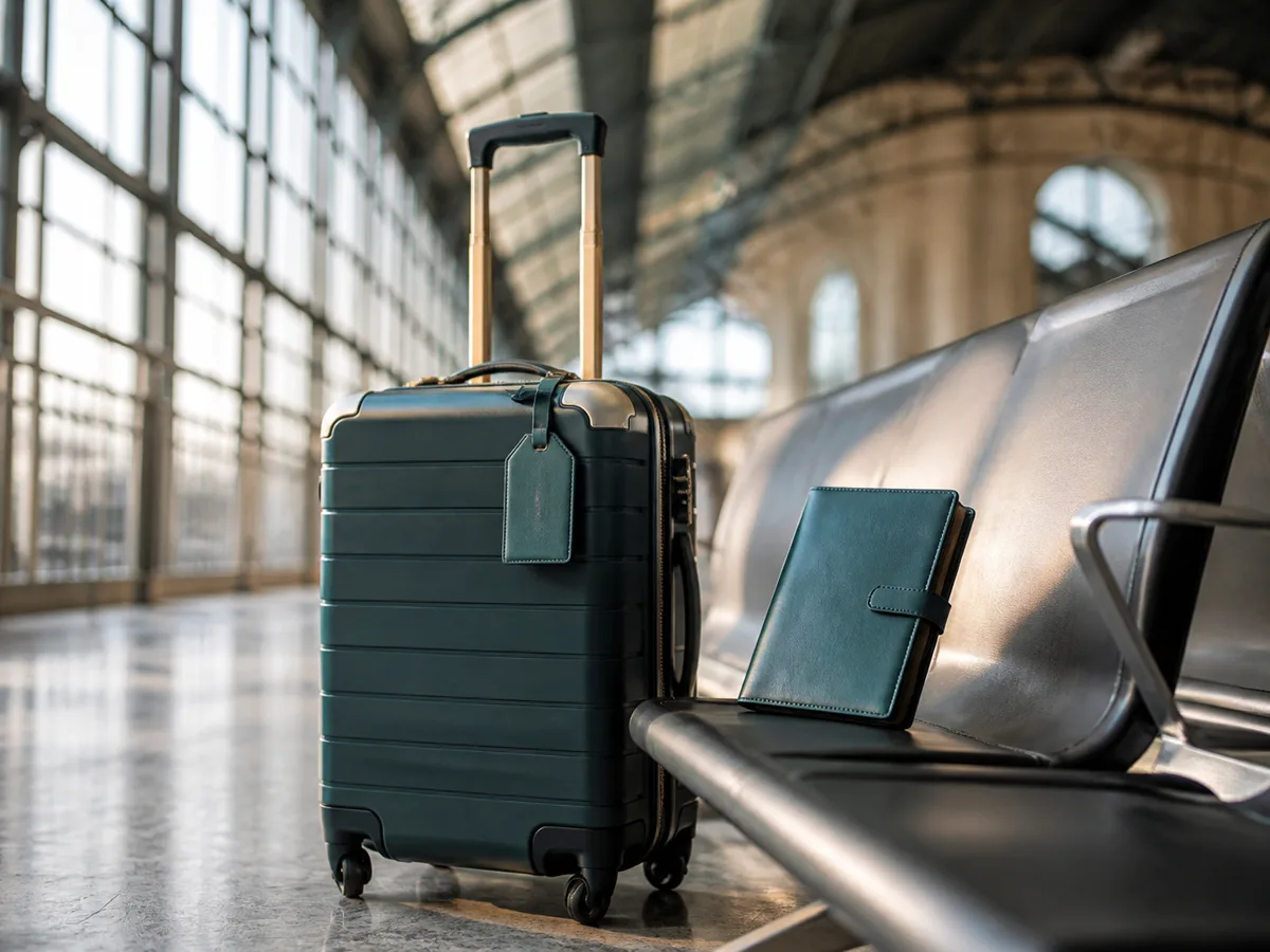 Suitcase and travel organiser waiting in a European transport terminal
