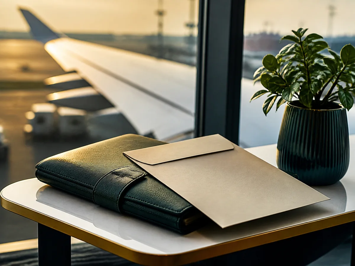 Travel folder and certificate envelope beside an airport window